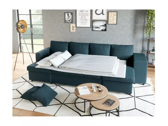 Canapé d'angle panoramique Oslo convertible avec coffres et poufs à droite - Tissu - Bleu pétrole - L311 x P146 x H81cm - Loungitude
