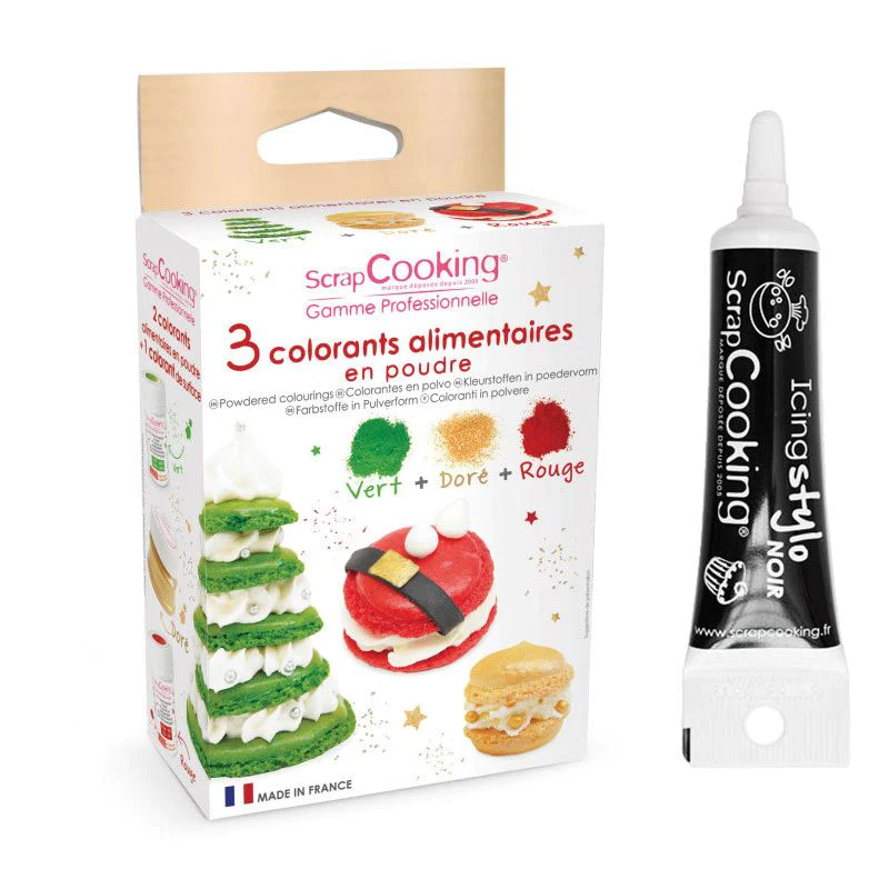 3 colorants en poudre vert, rouge et doré + Stylo glaçage noir Scrapco