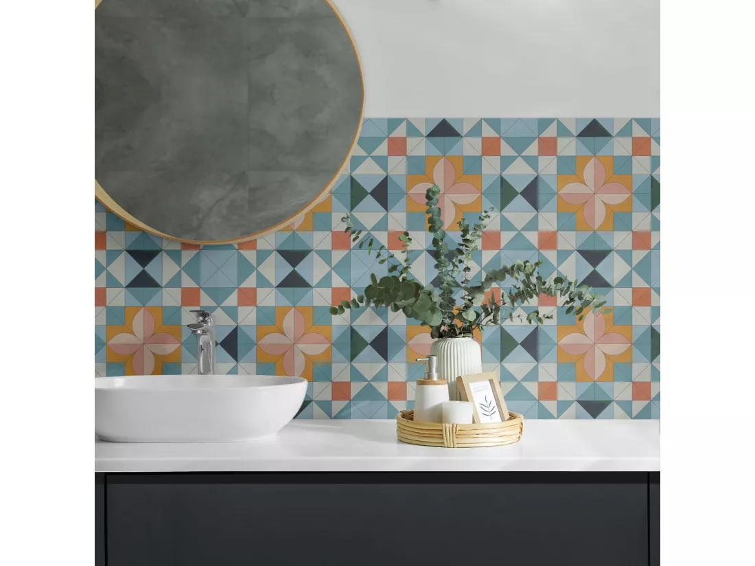 Carreaux autocollants PVC, Carrelage PVC adhésif - 9x30x30 - Motif géométrique avec une fleur