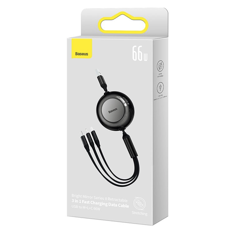 (1.1m) 66W/3.5A 3in1 Bright Mirror 2 Ausziehbares USB A auf USB C / Apple Lightning / Micro USB Ladekabel Datenkabel - Schwarz