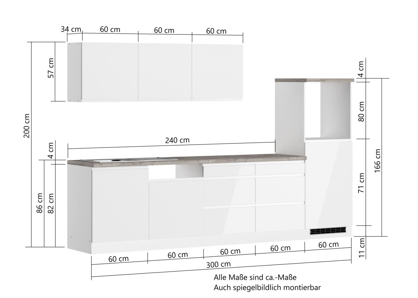 Küchenzeile MONZA - weiß Hochglanz - Beton-Optik - 300 cm