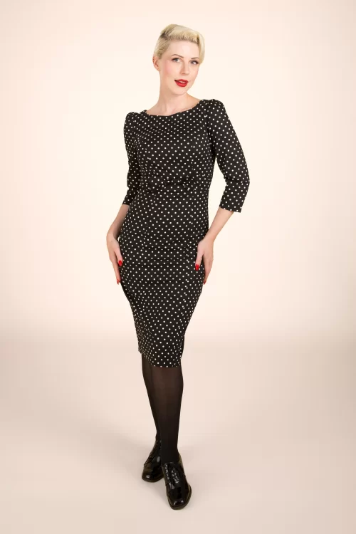Hearts & Roses Phoebe polka dot pencil jurk in zwart en wit