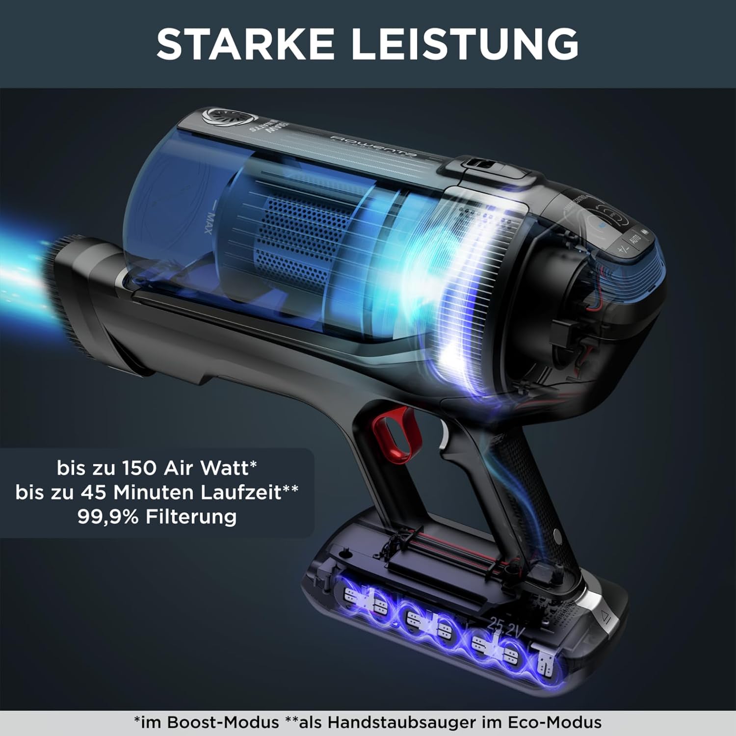Rowenta X-Force Flex 12.60 Aqua kabelloser Akku-Stabstaubsauger, 150 Air Watt, bis zu 45 Min. Laufzeit, 2-in-1 Reinigung, inkl. Aqua Düse, Flex-Gelenk, LED-Düse, Blau-Schwarz, RH98C8