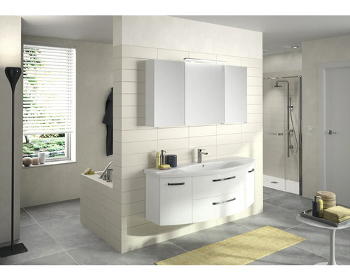 3-delige badkamermeubelset Pelipal xpressline 4010 BxHxD 144 x 200 x 49,5 cm, fronten hoogglans wit, met witte keramische wastafel en keramische spoelbak, badmeubel, spiegelkast met LED-verlichting, chromen grepen, 4010.1400109 40101400109