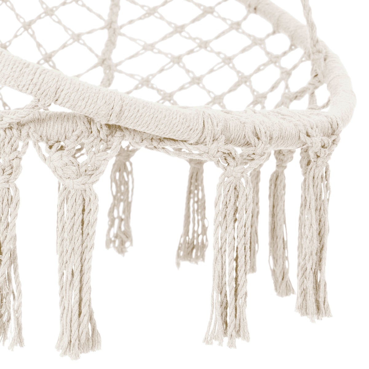 ECD Germany Hangstoel met zitkussen, beige, boho-stijl, macramémotief, katoen, Ø 60 cm, draagvermogen tot 120 kg, hangstoel met gevlochten franjes, hangstoel, hangende schommel, binnen/buiten