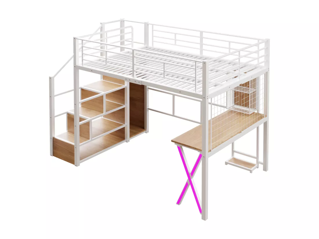 Lit mezzanine 140x200cm avec LED - bureau + penderie + échelle de rangement - Blanc