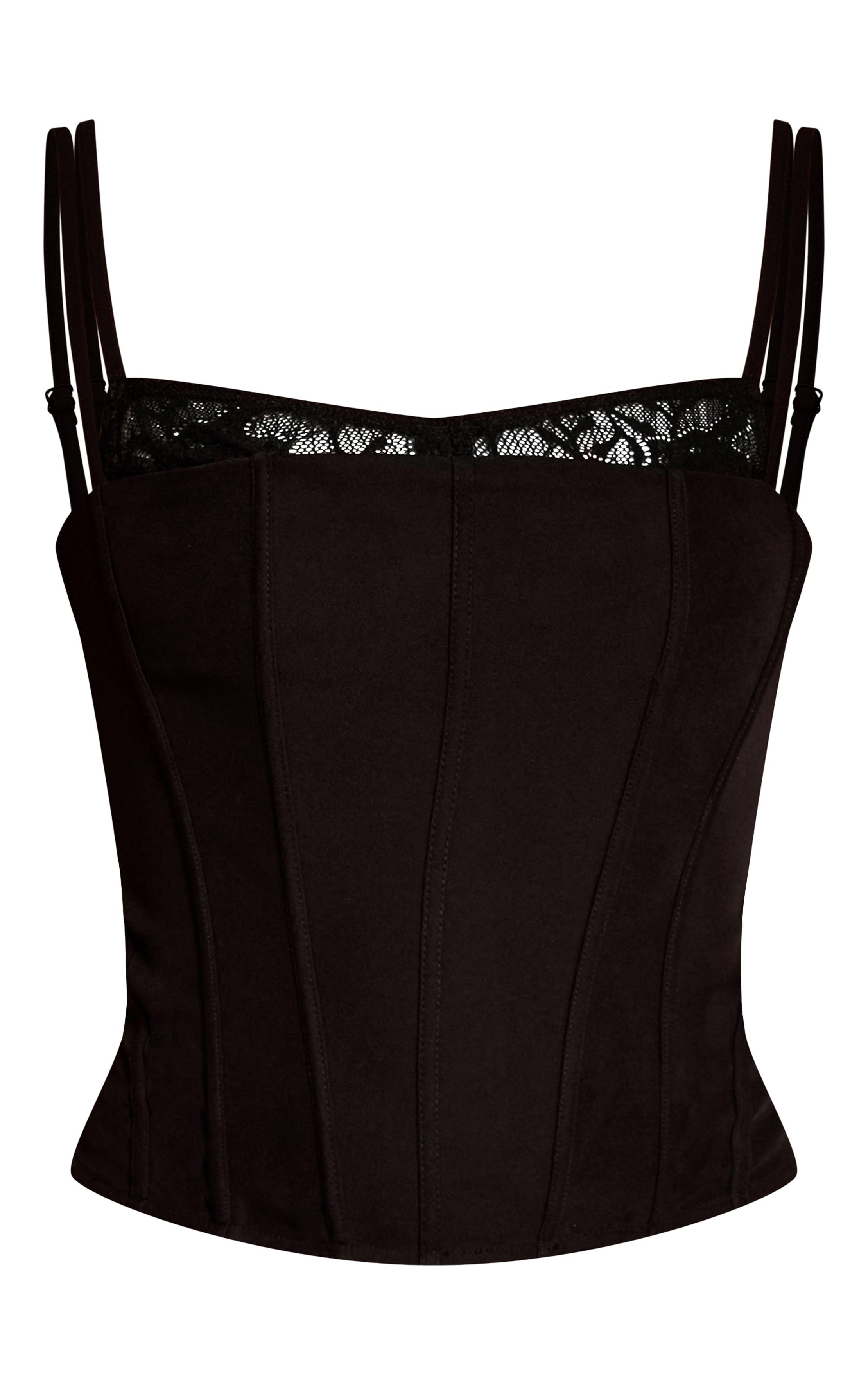 Noir Corset À Bretelles En Tissu Tissé Avec Détails En Dentelle Contrastante