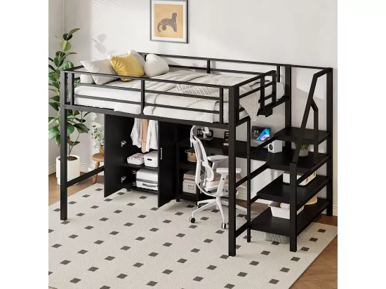 Lit mezzanine 140x200 armoire étagères échelle de rangement bureau Noir