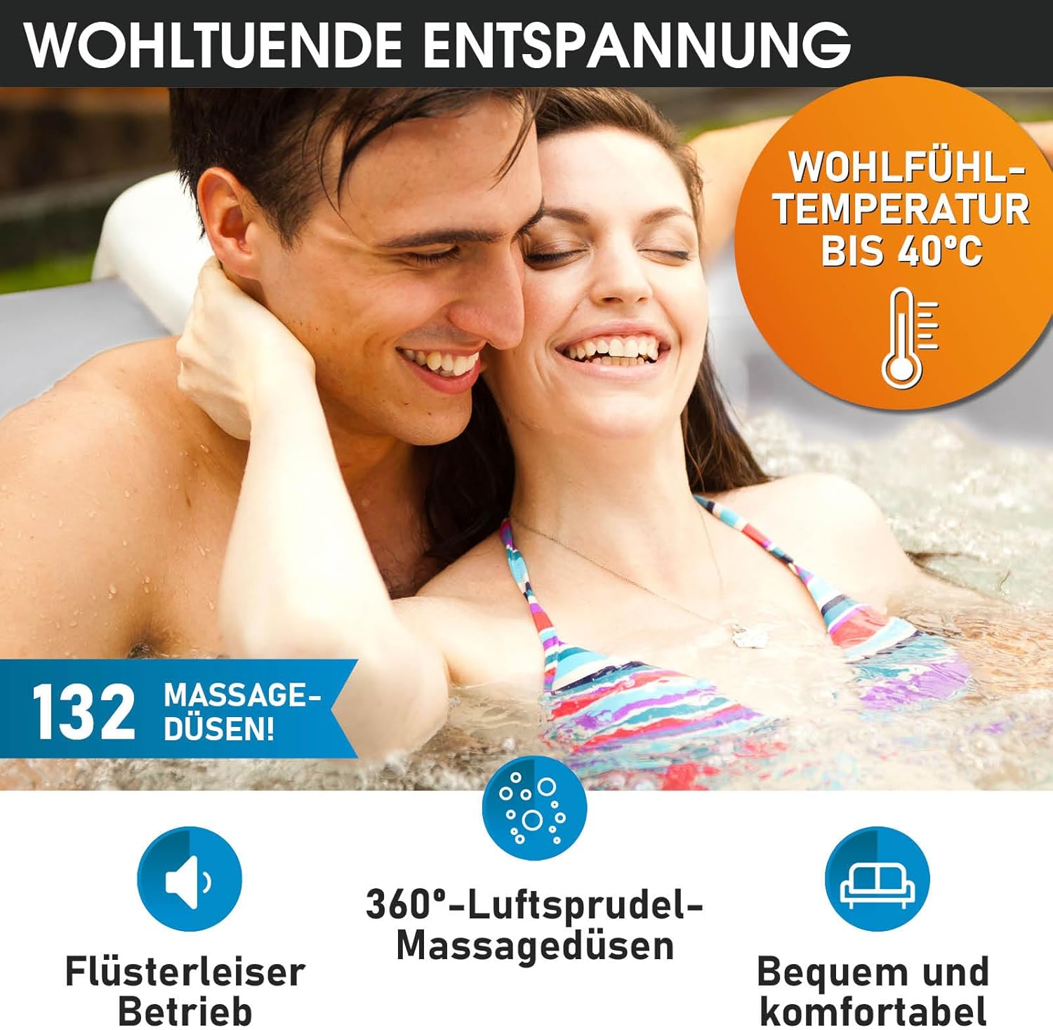Whirlpool aufblasbar BRAST MSpa Tekapo für 6 Personen 185x185cm In-Outdoor Pool 132 Massagedüsen Energiespar-Timer Heizung Aufblasfunktion per Knopfdruck Bubble Spa Wellness Massage
