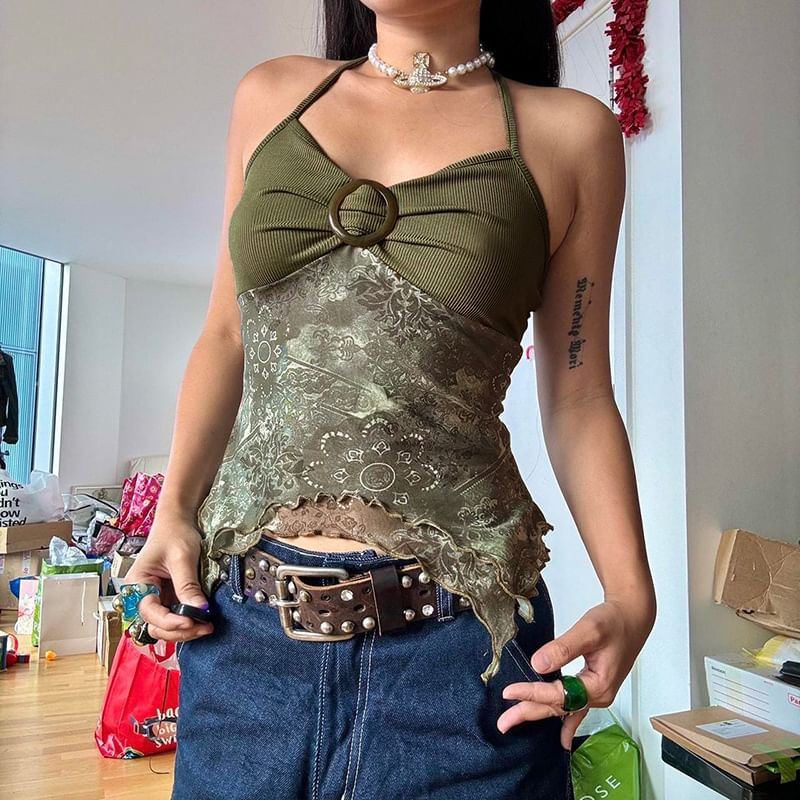 Honet - Haltertop met metalen ringpatroonprint, open rug en crop top