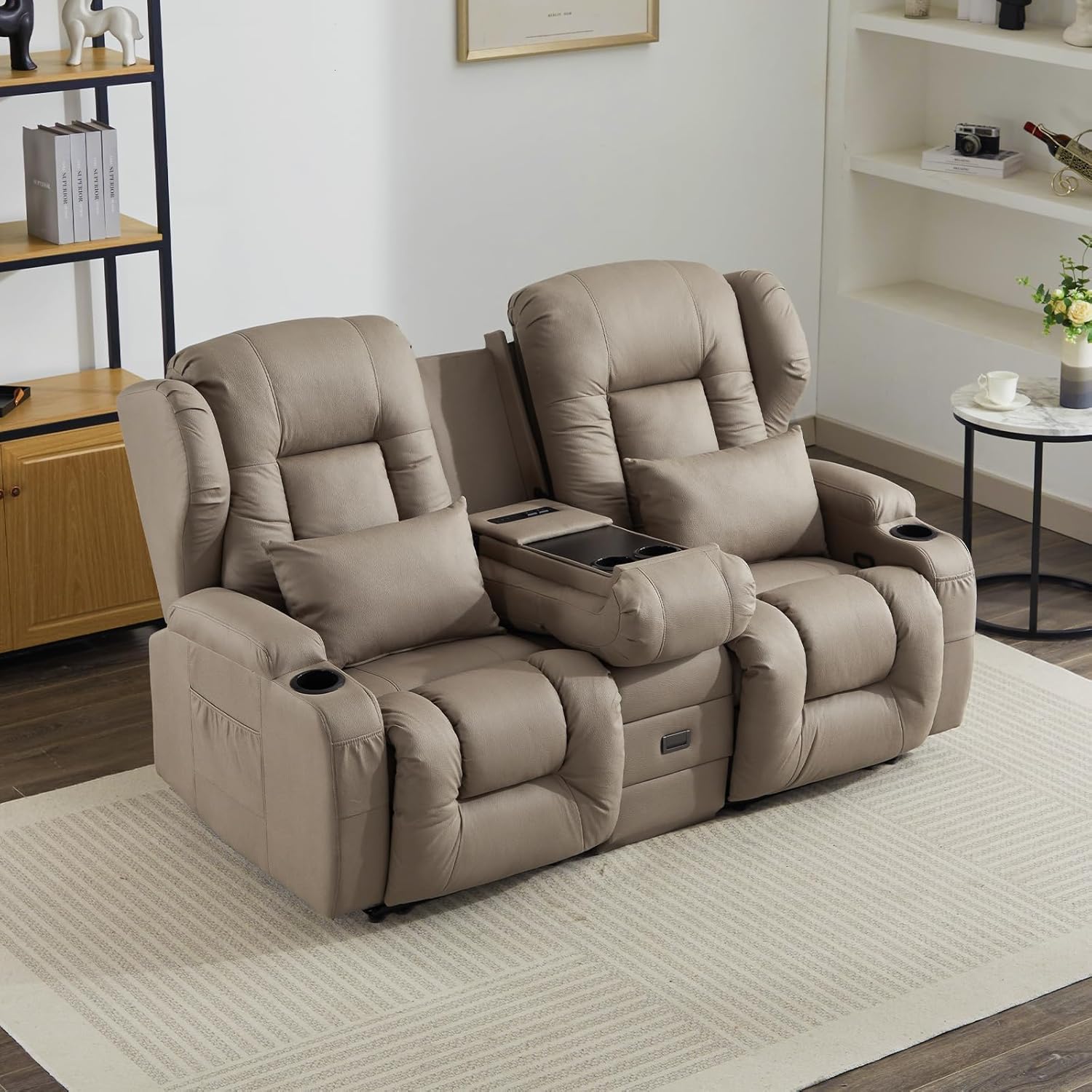 SAMERY Zweisitzer Relaxsessel mit Liegefunktion, 2er-Fernsehsessel Kinosessel 2 Sitzer TV Sessel Heimkino Sitze mit klappbare Mittelkonsole, 4 Getränkehalter (Khak, 172cm Zweisitzer)
