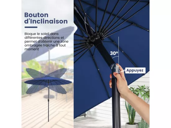 Parasol de Jardin Rond Ø 265CM, Parasol avec 18 Baleines en Fibre de Verre avec Manivelle et Mécanisme d'Inclinaison, Parasol de Terrasse avec Toile Résistante et Poteau en Aluminium (Bleu)