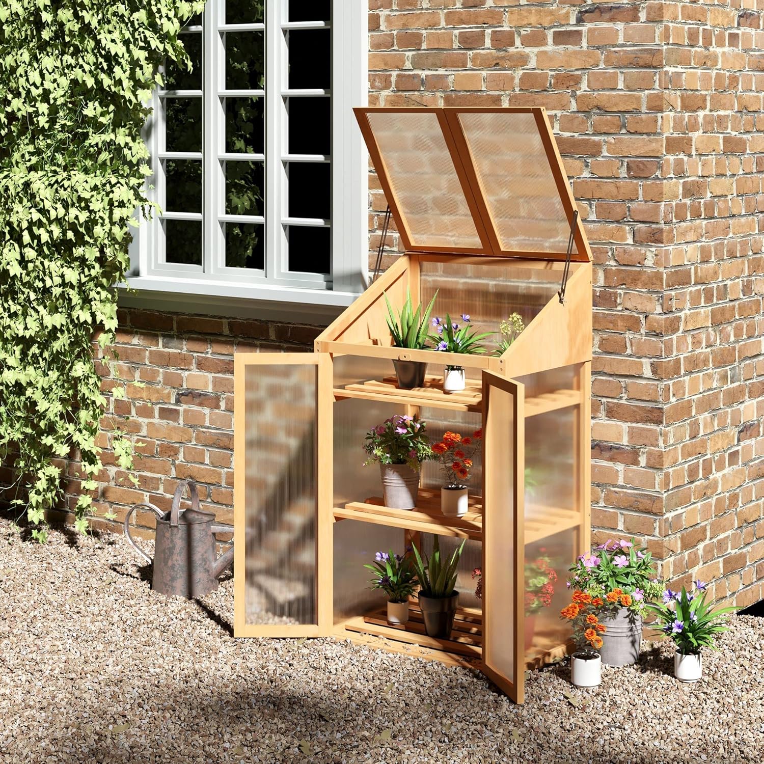 Outsunny Frühbeet aus Holz, Mini Gewächshaus 70 x 50 x 120 cm, Treibhaus mit Abdeckung, Fenster, Doppeltür, lichtdurchlässig Frühbeetkasten mit 3 Regale, Winterfest Hochbeet für Garten, Balkon, Braun