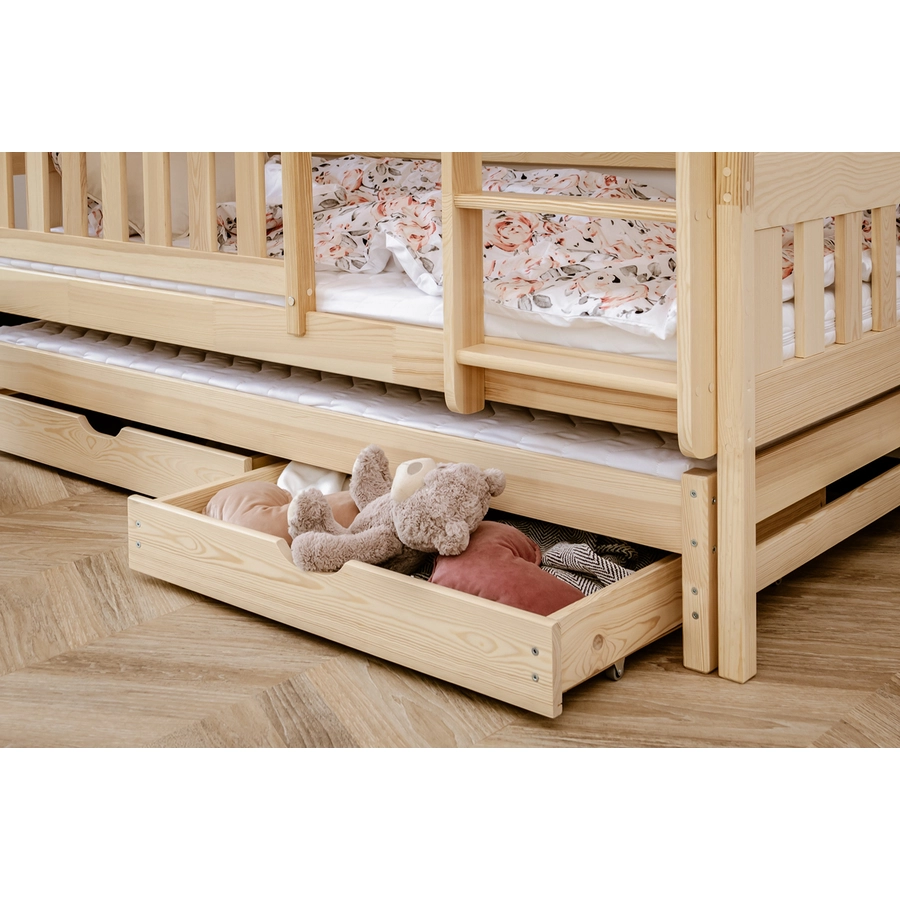 Kids Collective Hochbett 90x200 mit Ausziehbett Etagenbett mit Ausziehfunktion, 2 Schubladen natur mit Schublade