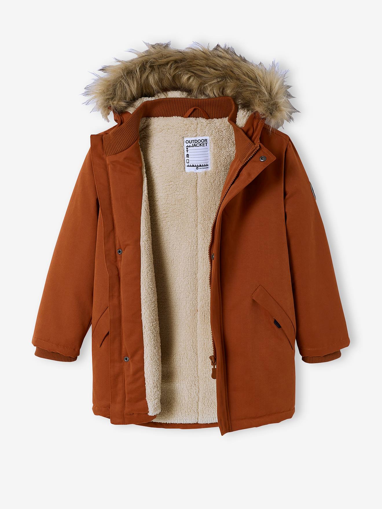 Parka com capuz e forro de sherpa, enchimento de poliéster reciclado, verde médio liso com motivos para meninos