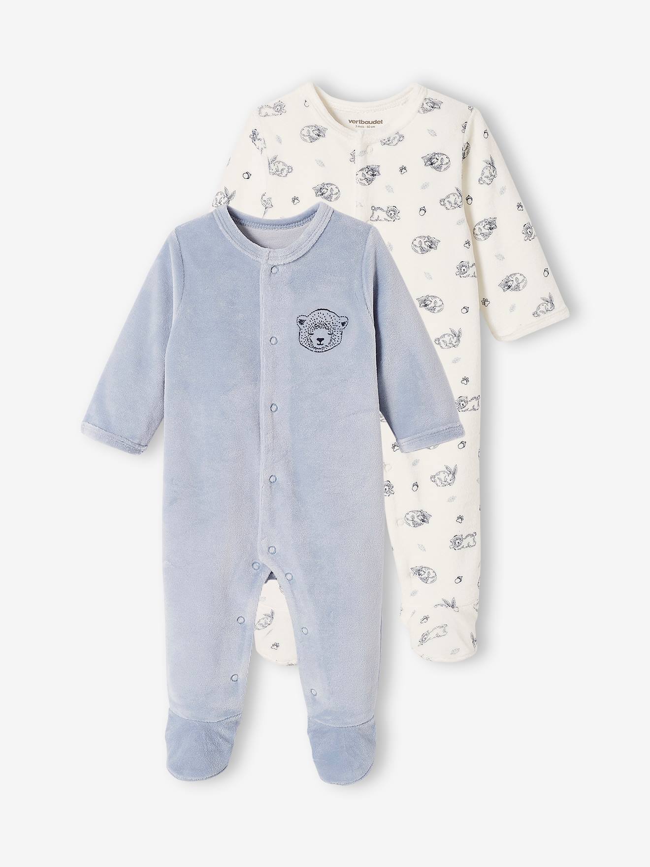 Conjunto com 2 macacões de veludo com estampa de urso, tamanho médio para bebê menino, azul bicolor/multicolorido.