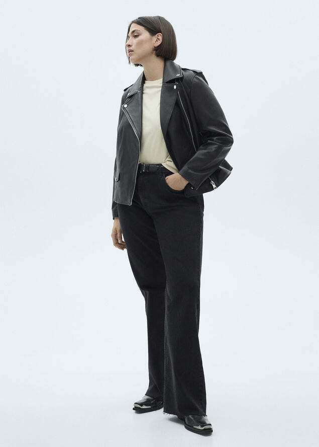 MANGO Leather biker jacket Black