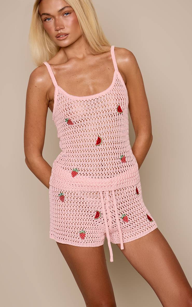 Rose Short En Crochet Tricoté Avec Détail Broderie Et Cordon De Serrage