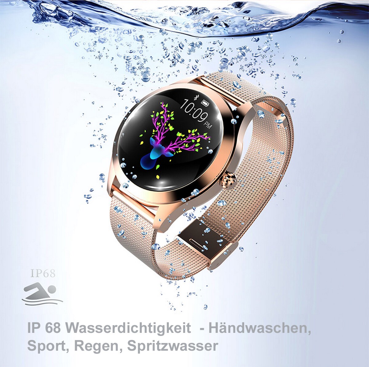 TPFNet Damen Smart Watch / Fitness Tracker IP68 - Kunstleder Armband - Android & IOS - Gold / Schwarz