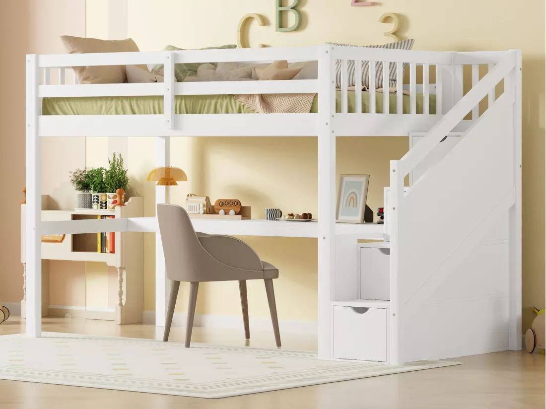 Lit mezzanine 90 x 200 cm avec bureau et 4 tiroirs - bois de pin + MDF - sommier à lattes - blanc