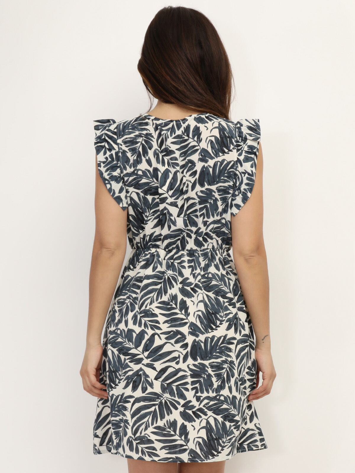 Robe cache-cœur à motif feuilles- Bleu