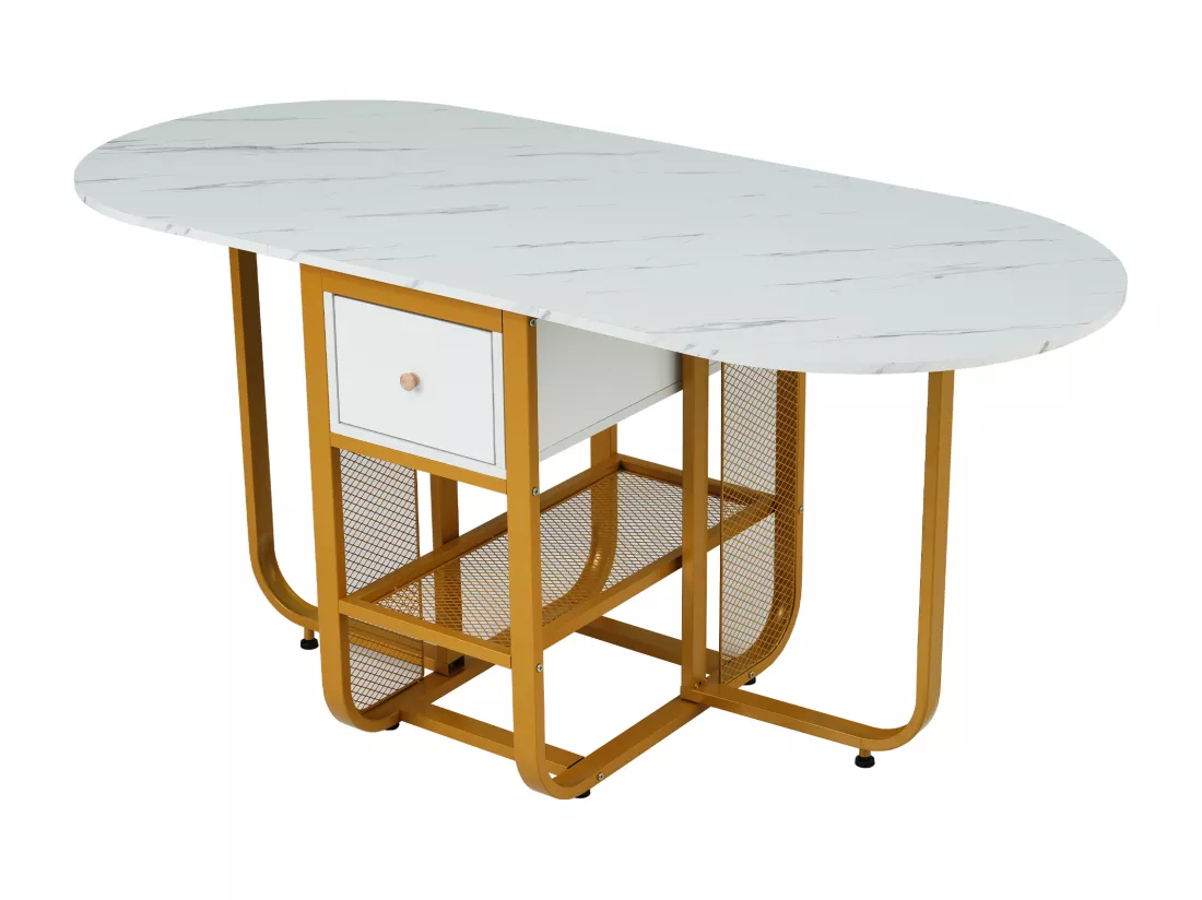 Table à manger ovale extensible 4 à 6 couverts avec 2 tiroirs - L160xW70xH75cm - Panneau de particules - Motif marbre - Blanc + or