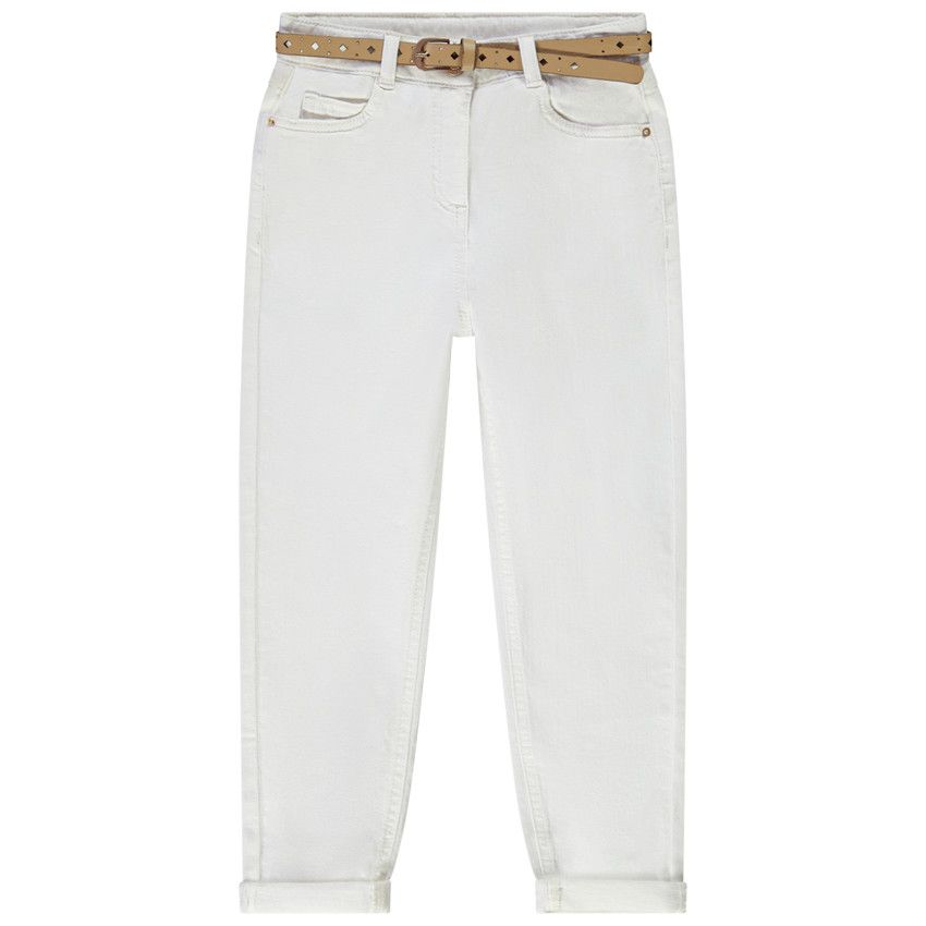 Jean mom fit avec ceinture ajourée en suédine pour fille - Ecru