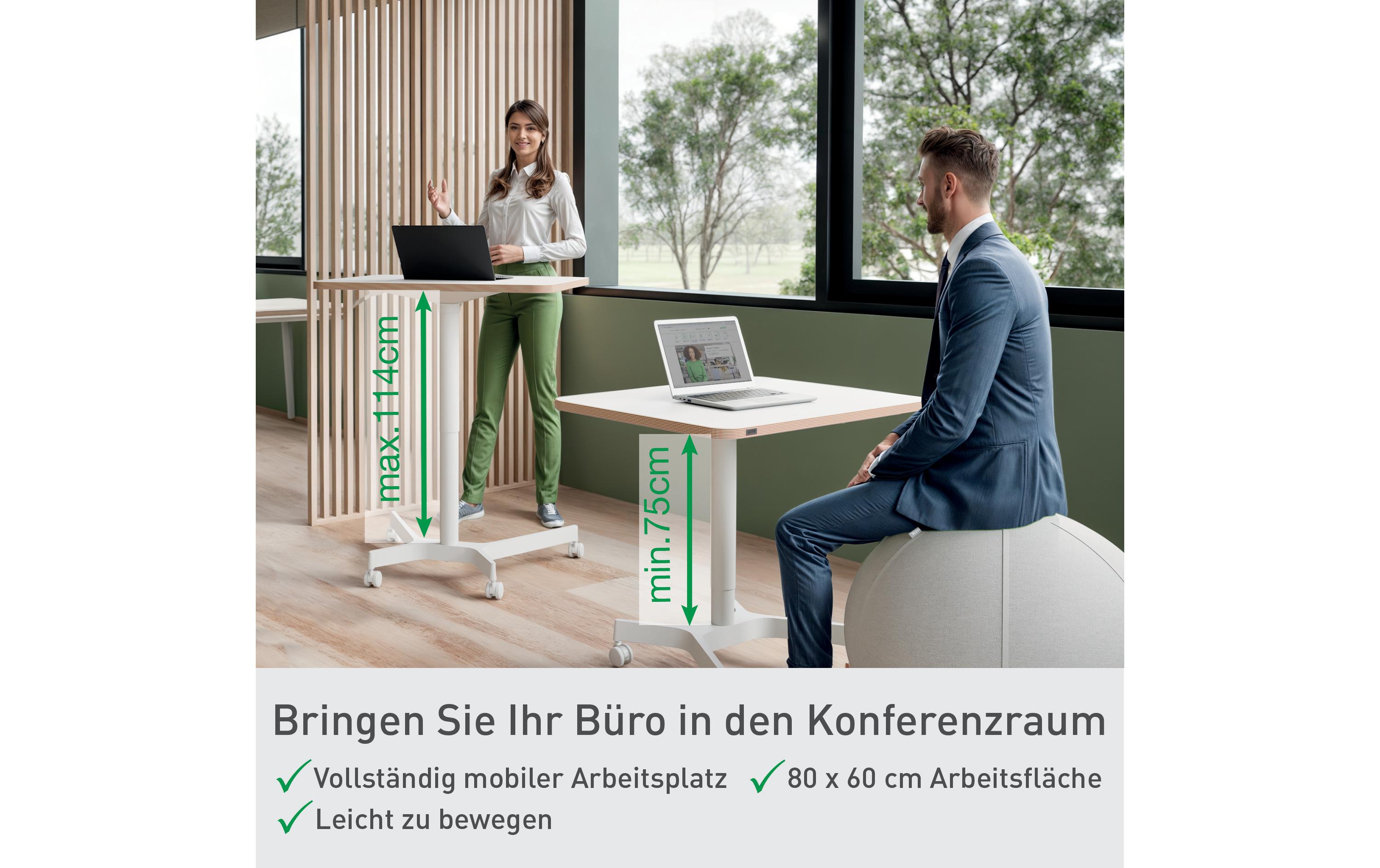 Ergo, höhenverstallbarer Sitz-/Steh-Schreibtisch Weiss<br>Pneumatisch höhenverstellbarer Schreibtisch mit Rollen