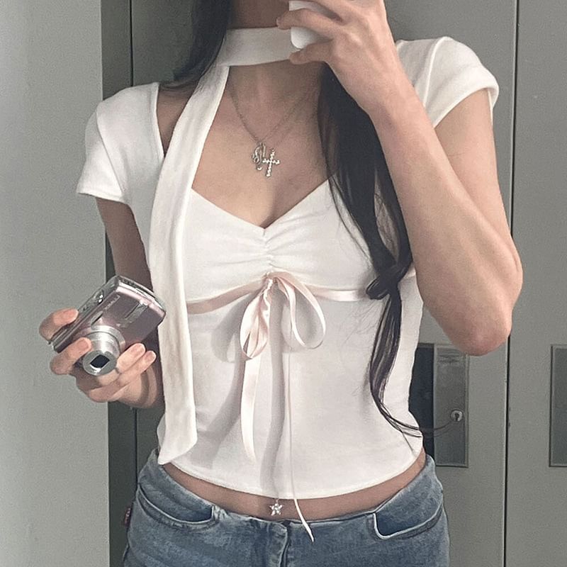 Honet - Crop top met lange mouwen, vierkante hals en strik aan de voorkant
