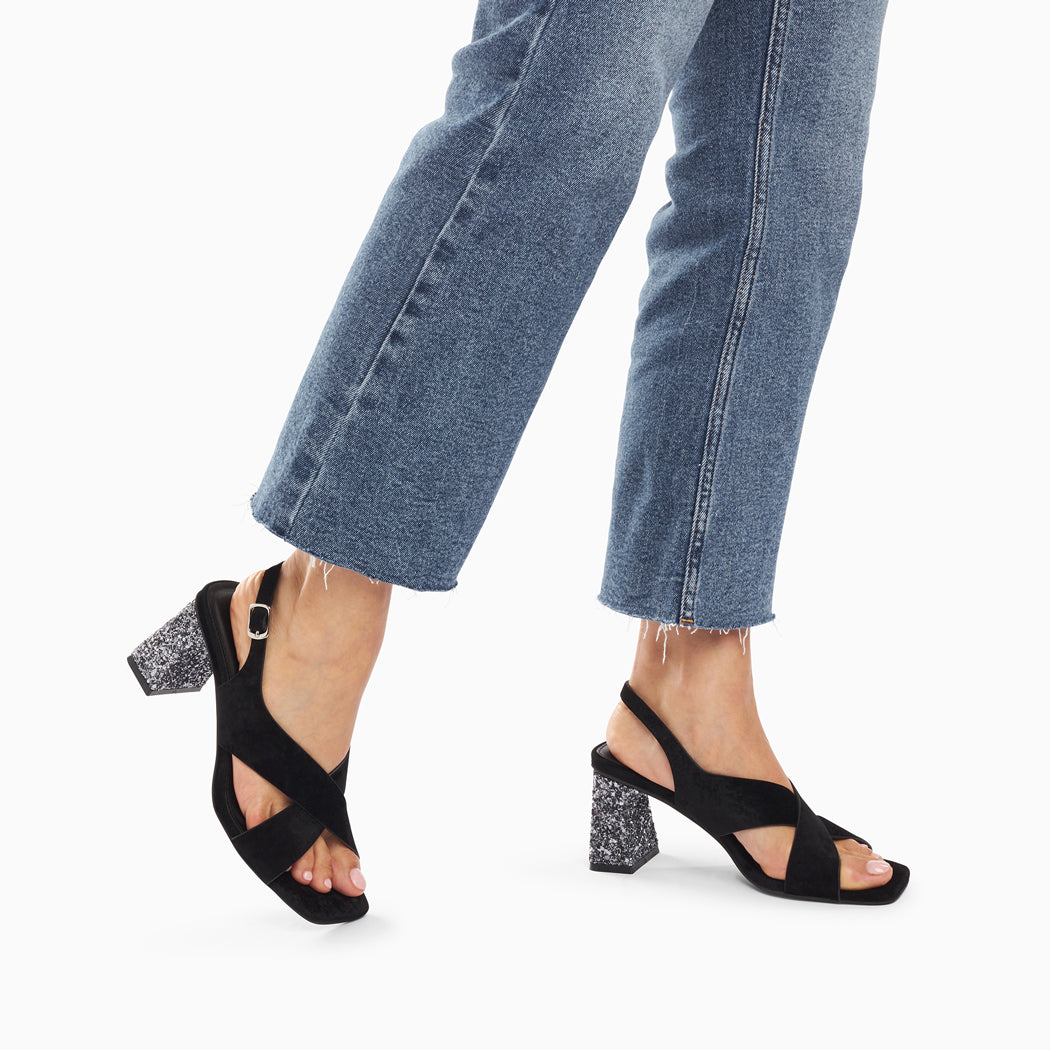 Sandales à talon, Compensées-Sandales Milan noires à brides croisées et talon argent pailleté