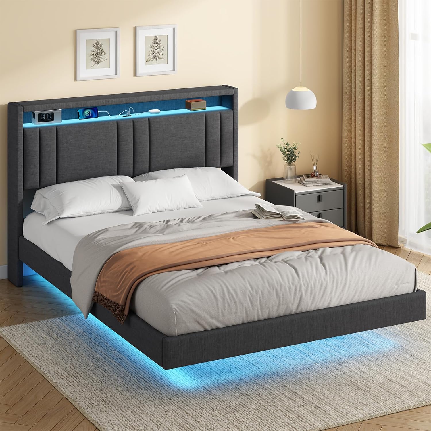Polsterbett 140x200 cm, Schwebebett, Bettrahmen mit LED-Beleuchtung, Ladestation, Doppelbettgestell, Bettgestell mit Kopfteil, Bett, Schwebender visueller Effekt, für Schlafzimmer, Leinenstoff Grau