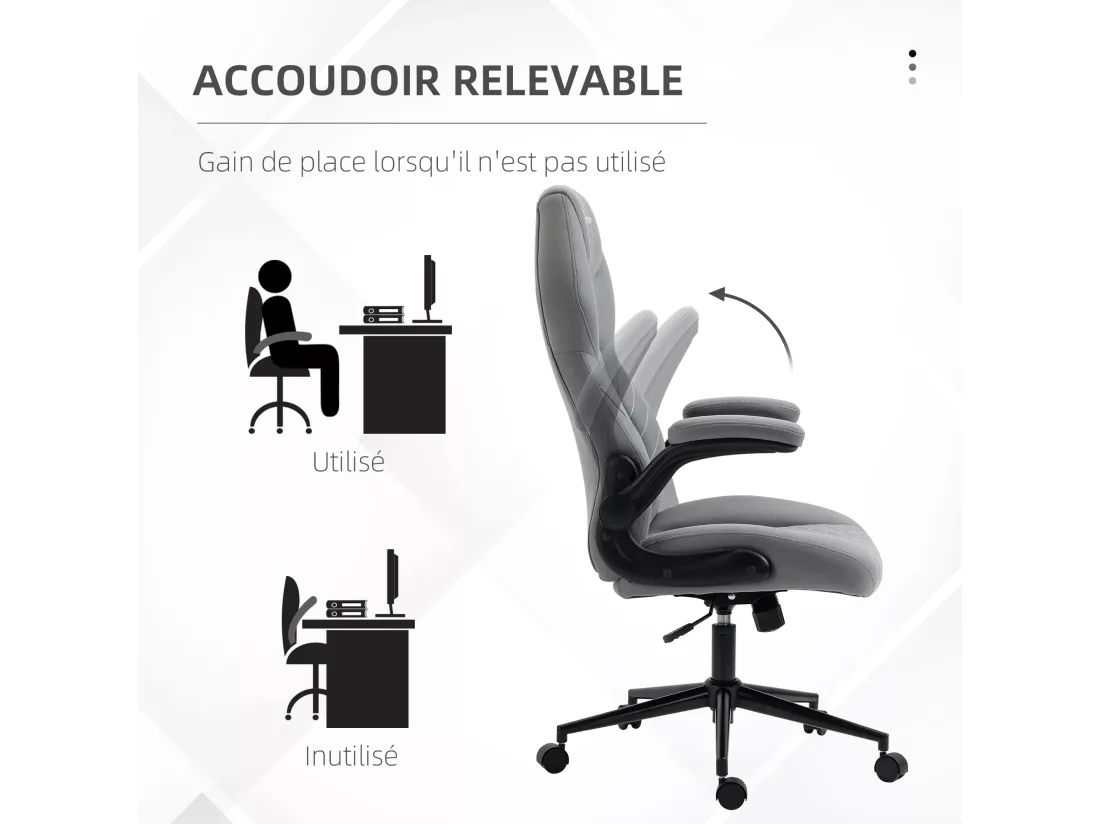 Fauteuil de bureau chaise de bureau ergonomique hauteur réglable pivotant 360° accoudoirs relevables tissu gris clair