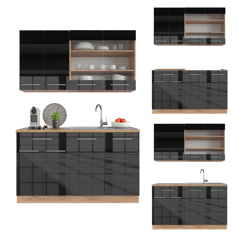 Vicco Küchenzeile Küchenblock Einbauküche Fame-Line Single Eiche Anthrazit 140 cm modern Küchen Schränke Spülenunterschrank Schubunterschrank Hängeschrank Hängeglasschrank Hochglanz