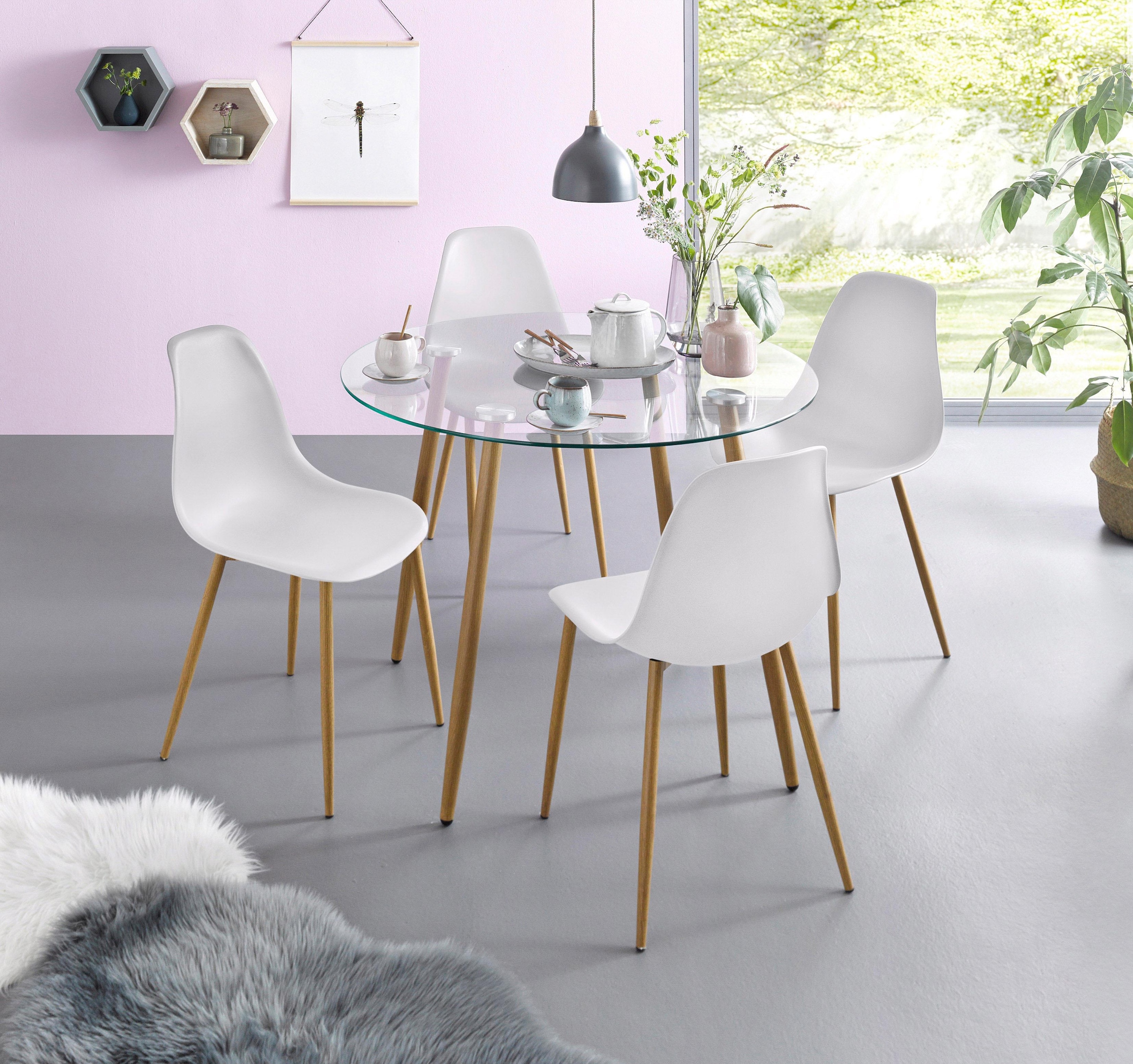 INOSIGN Essgruppe »Miller« Set, 5 Stk. tlg. Glastisch mit 4 Stühlen (Kunststoffschale)