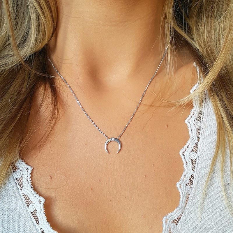 Collier Fin Argent Pendentif Lune Pierre Precieuse Zirconium