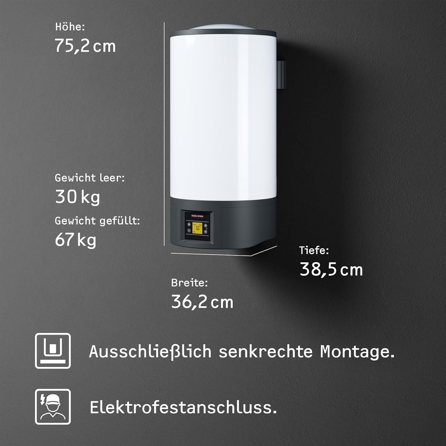 STIEBEL ELTRON Elektro Warmwasserspeicher EW-V ECO 36 l, LC-Display, beste Energieklasse A, geringer Bereitschaftsenergieverbrauch, vakuumisoliert, druckfest, wandhängend, 205032
