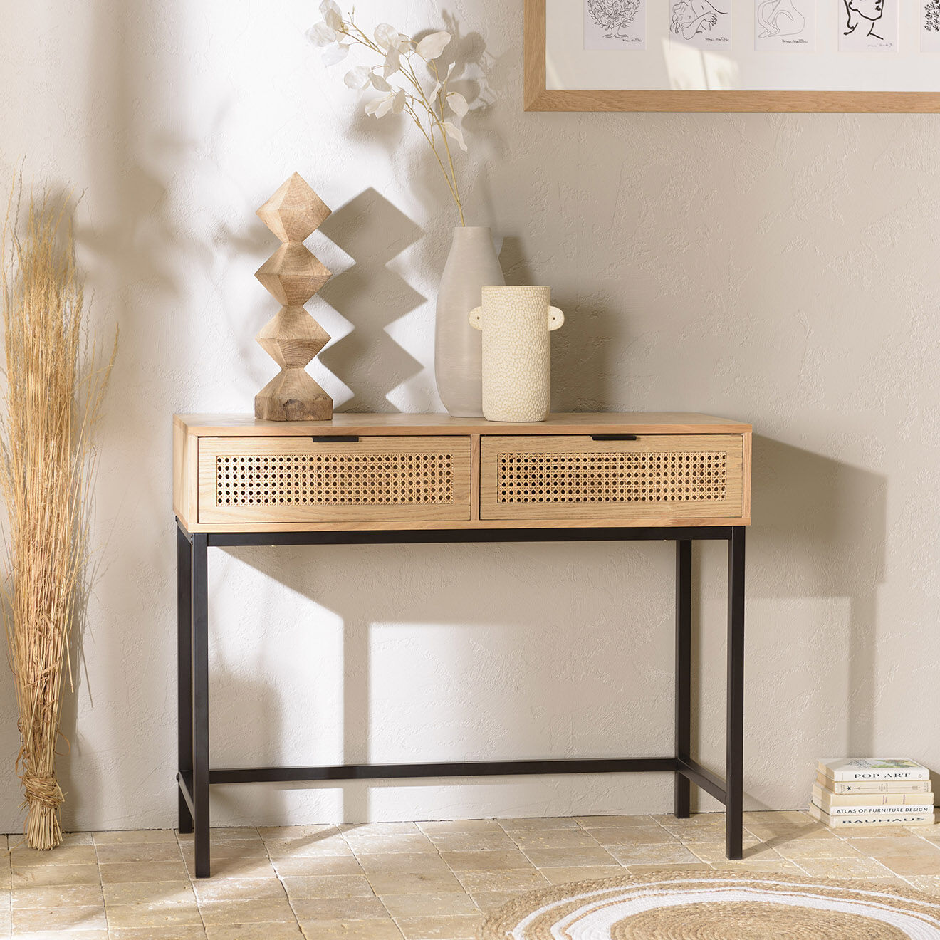 Macabane Console 2 tiroirs rotin Marceau - 100x40x79 cm