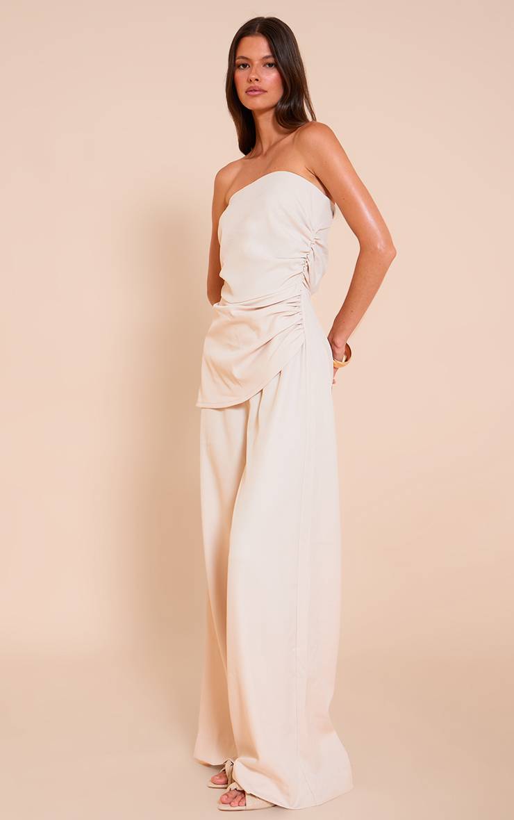 Crème Combinaison Pantalon Large En Tissu Tissé Froncé