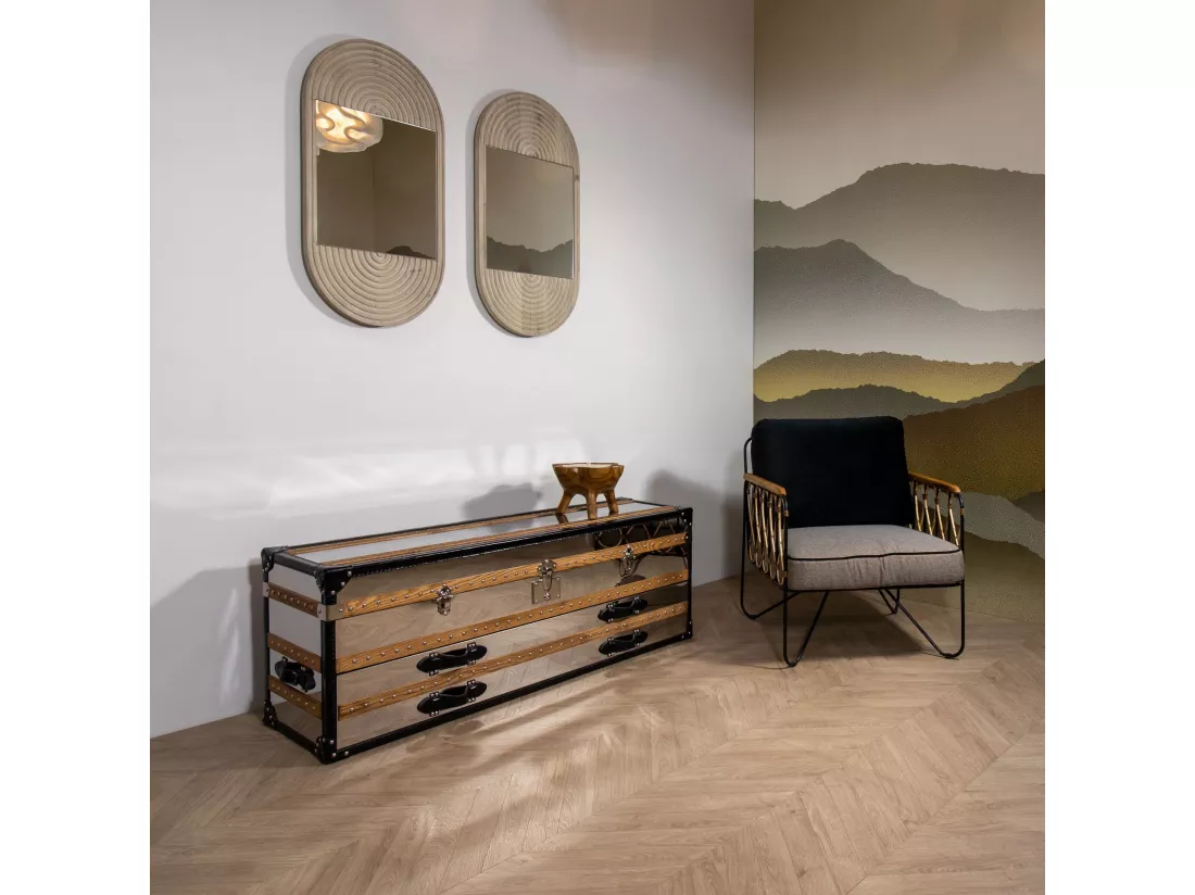Now's Home - Commode Coffre - 1coffre -2 Tiroirs- Acier & Cuir 140x39x50cm Iliade