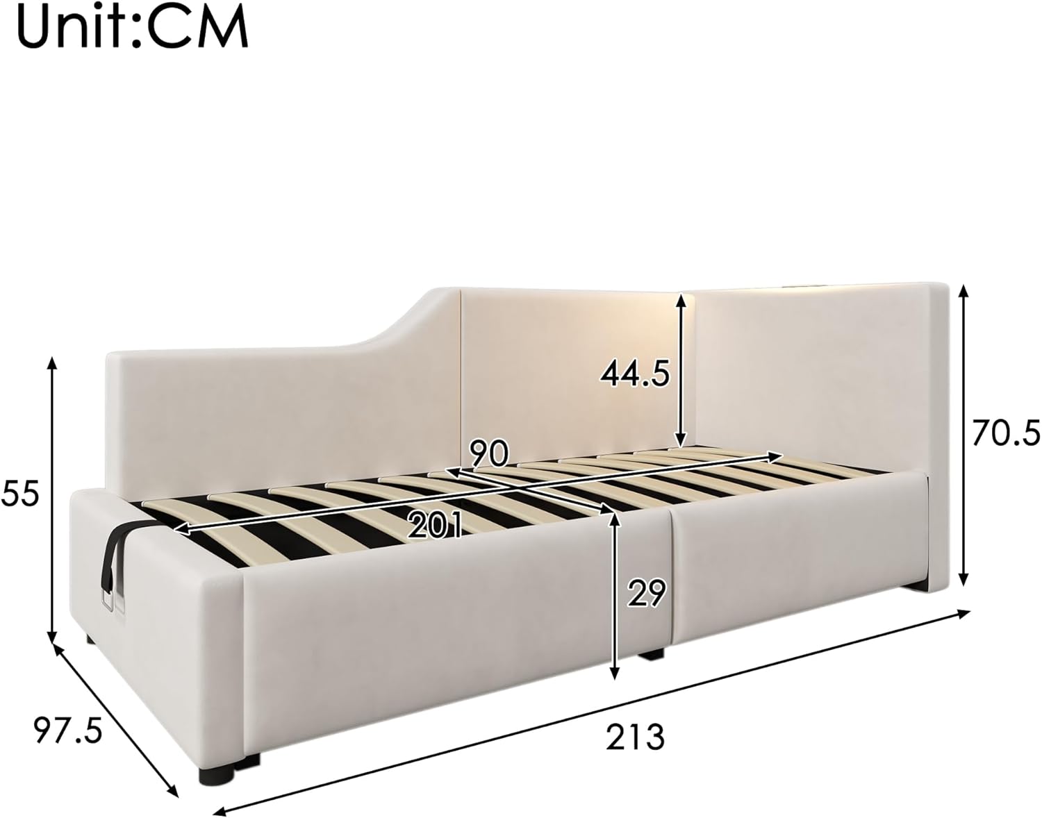 Polsterbett Tagesbett Daybett 90x200cm, Schlafsofa mit hydraulischem Stauraum, Leselichtfunktion und USB-C-Ladefunktion, Jugendbett Bettgestell, Samt (Beige, 90×200cm)