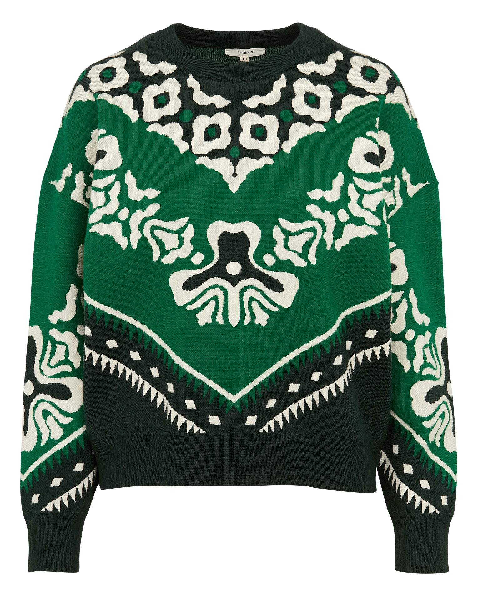 PAVARO - Pull droit col rond en jacquard imprimé | Vert