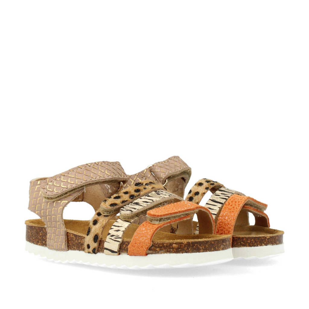 Develab leren sandalen taupe/oranje