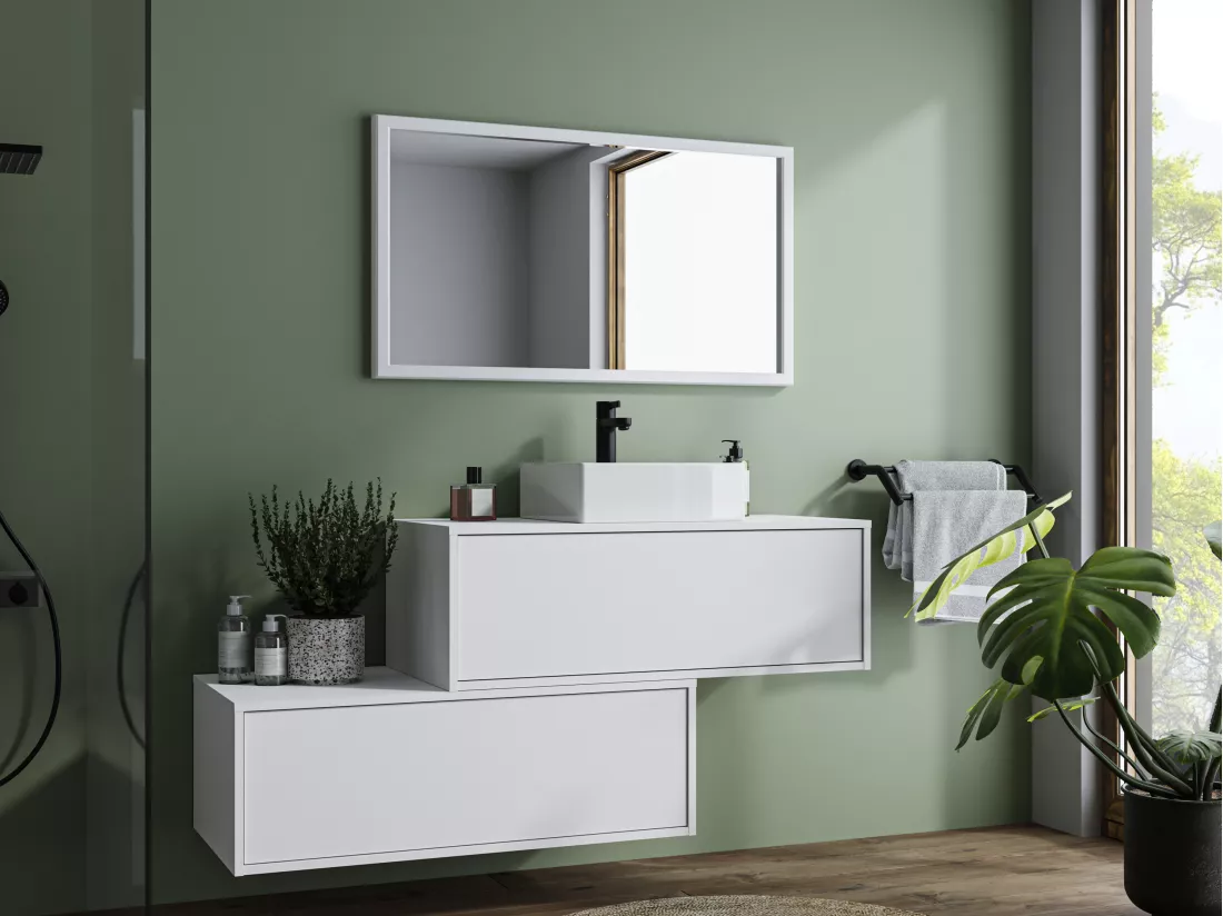 Meuble de salle de bain suspendu blanc avec simple vasque carrée et deux tiroirs - 94 cm - TEANA II