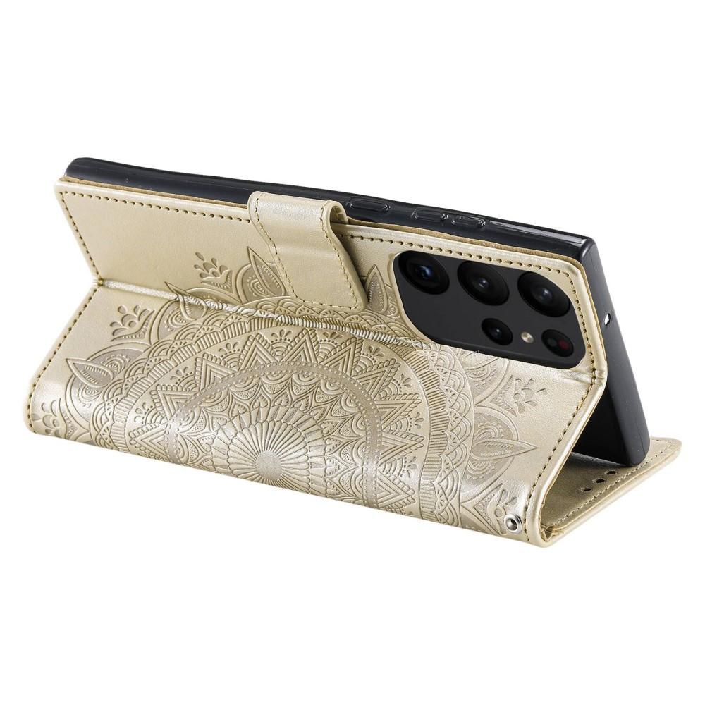 Samsung Galaxy S23 Ultra 5G Leder Tasche Wallet - Mandala Flowers Imprint - Gold