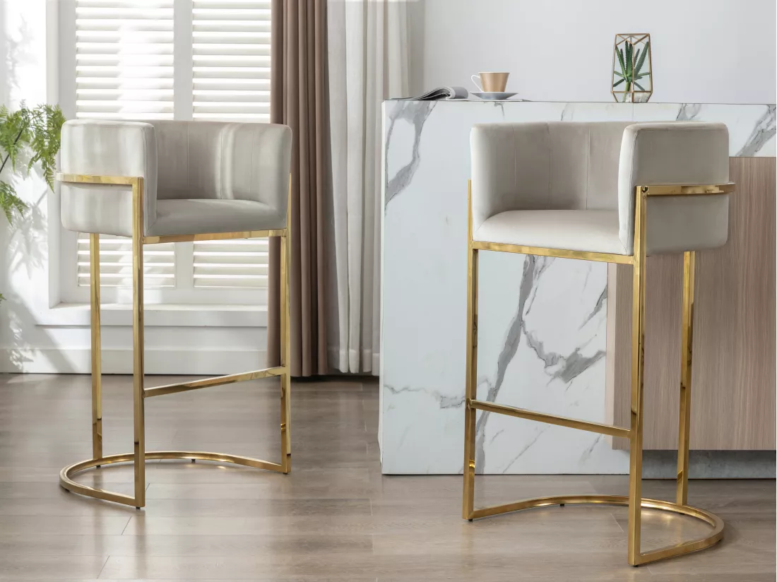 Tabouret de bar en velours et acier inoxydable - Beige et doré - PERIA de Pascal MORABITO