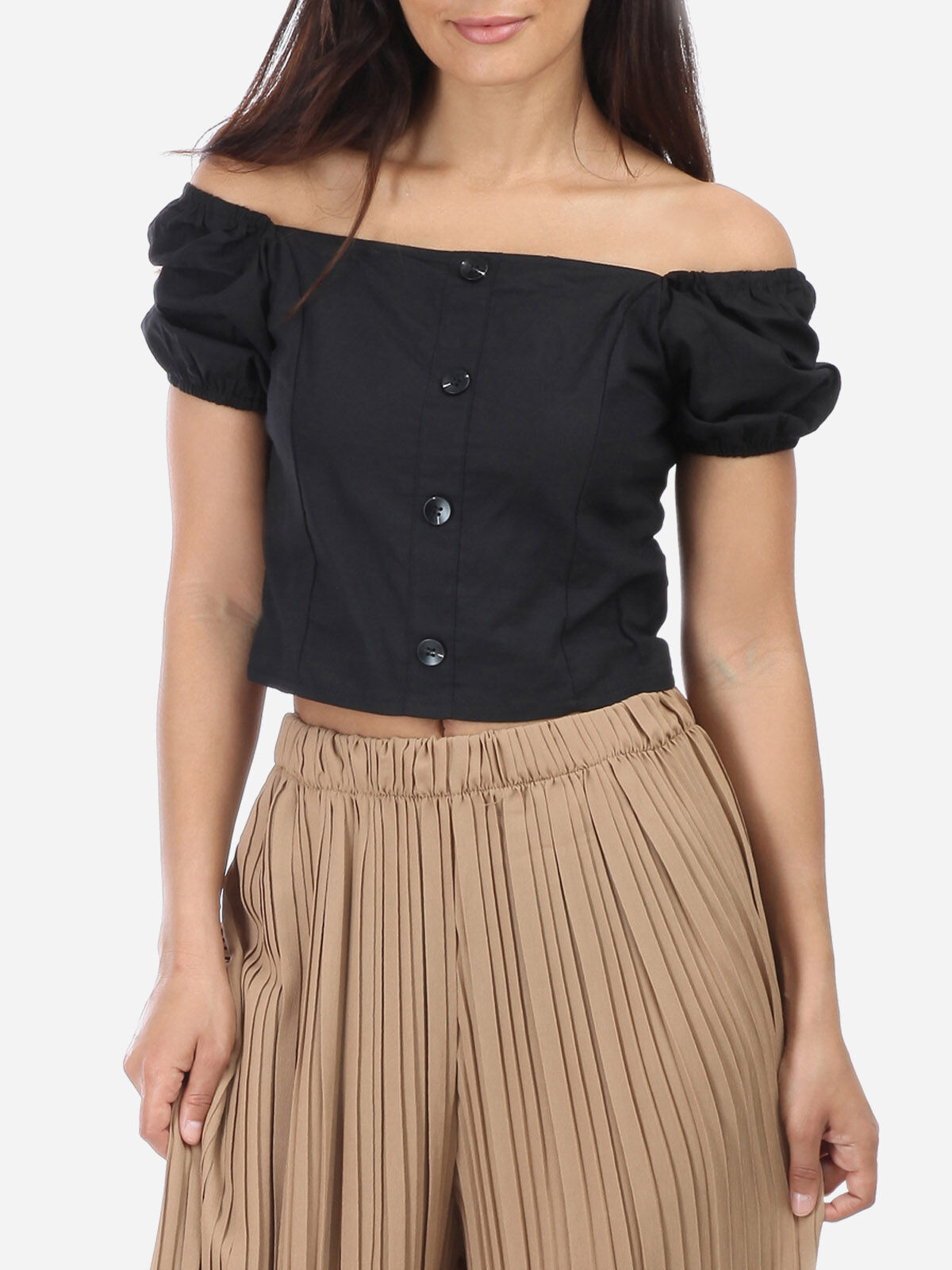 Top à encolure carré et boutons- Noir