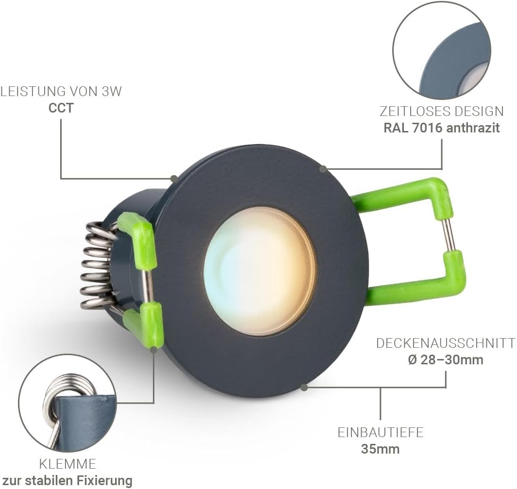 LongLife LED 8er Set Einbaustrahler Mini 3W CCT 2700K-6500K anthrazit RAL 7016 IP65 Dimmbare Strahler für Terrassenüberdachung, Carports, Dachüberständen