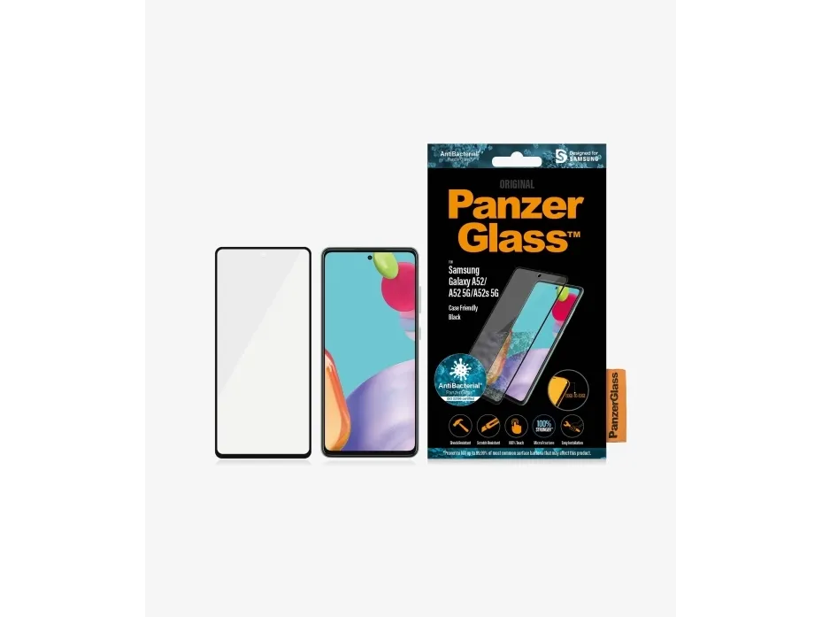 PanzerGlass™ | Case-Friendly - Skærmbeskytter for mobiltelefon - Edge-to-Edge fit - rammefarve sort | Samsung Galaxy A52/A52 5G