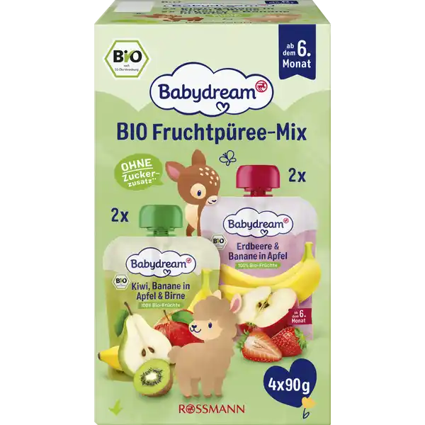 Bio Fruchtpüree-Mix Erdbeere & Banane in Apfel und Birne-Kiwi-Banane in Apfel