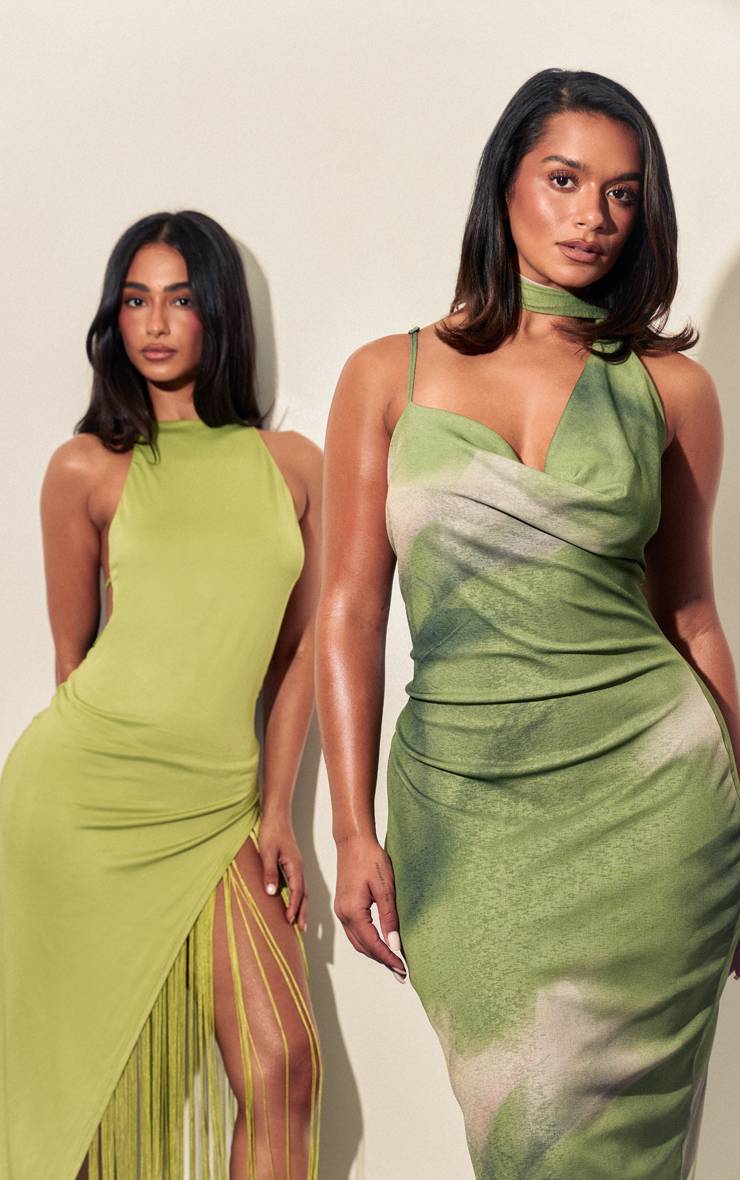 Vert Robe Midi Moulante À Col Bénitier Avec Détail Foulard Imprimé Et Maille Pelure D'oignon